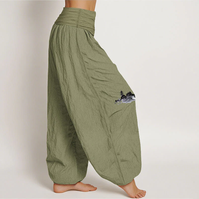 Pantaloni harem da donna in puro cotone con elastico in vita, motivo Buddha Stones Plum Blossoms Mountain Fisherman - Image 8