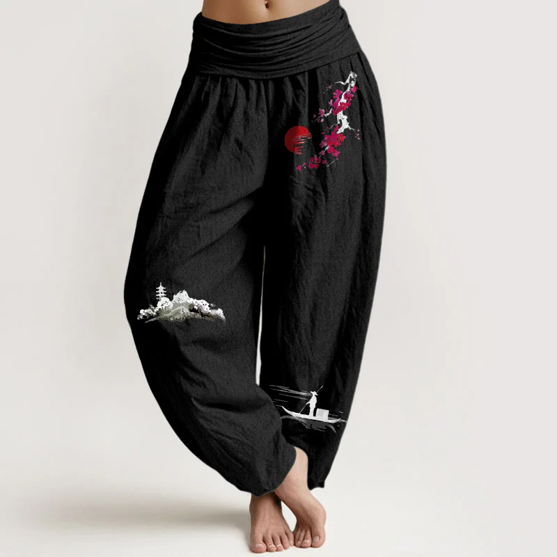 Pantaloni harem da donna in puro cotone con elastico in vita, motivo Buddha Stones Plum Blossoms Mountain Fisherman - Image 9
