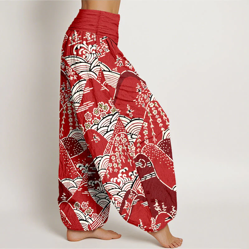 Pantaloni harem da donna in puro cotone con elastico in vita, motivo floreale e stampa di montagne e Buddha Stones - Image 10