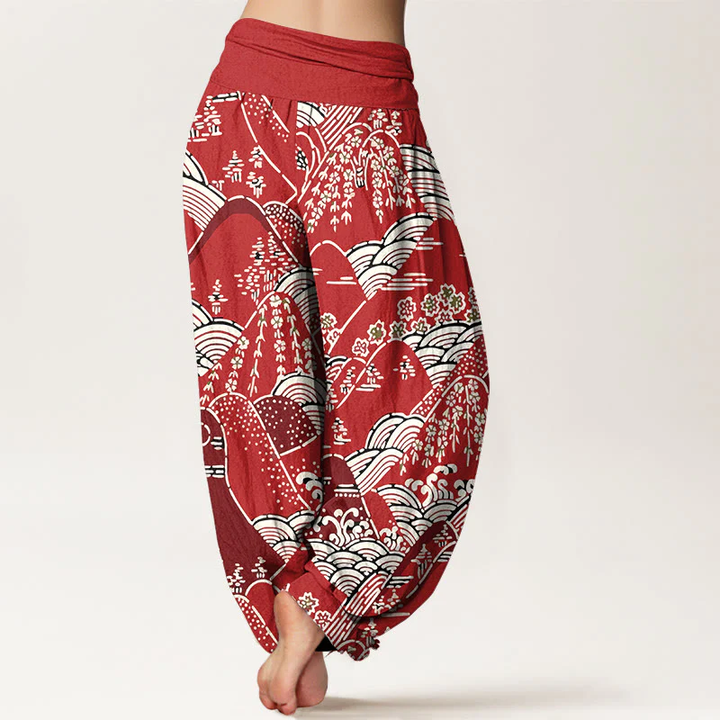 Pantaloni harem da donna in puro cotone con elastico in vita, motivo floreale e stampa di montagne e Buddha Stones - Image 11