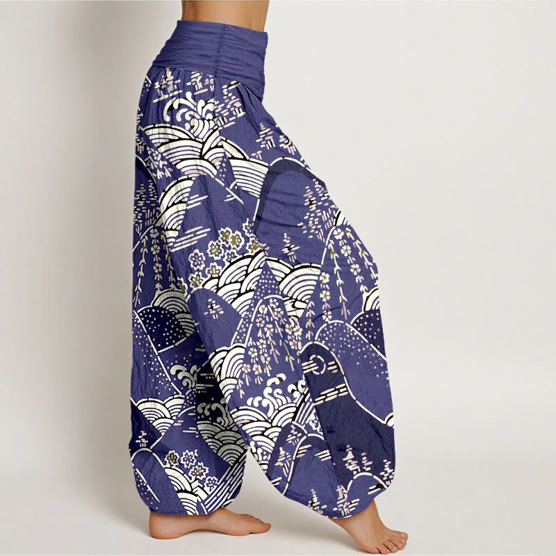 Pantaloni harem da donna in puro cotone con elastico in vita, motivo floreale e stampa di montagne e Buddha Stones - Image 7