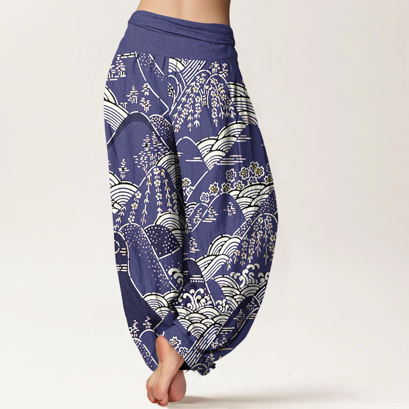 Pantaloni harem da donna in puro cotone con elastico in vita, motivo floreale e stampa di montagne e Buddha Stones - Image 8