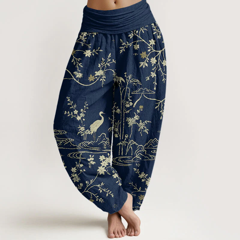 Pantaloni harem da donna in puro cotone con elastico in vita, motivo floreale, gru, Buddha Stones rami di albero