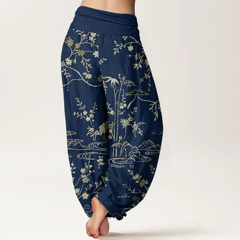 Pantaloni harem da donna in puro cotone con elastico in vita, motivo floreale, gru, Buddha Stones rami di albero - Image 2