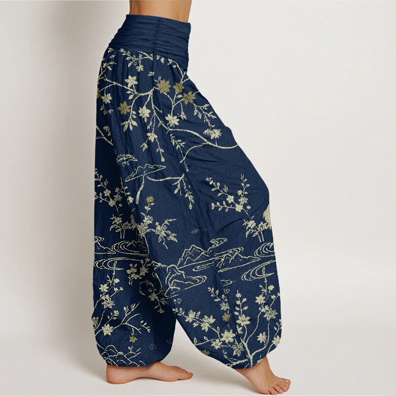 Pantaloni harem da donna in puro cotone con elastico in vita, motivo floreale, gru, Buddha Stones rami di albero - Image 3