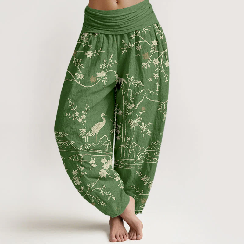 Pantaloni harem da donna in puro cotone con elastico in vita, motivo floreale, gru, Buddha Stones rami di albero - Image 6