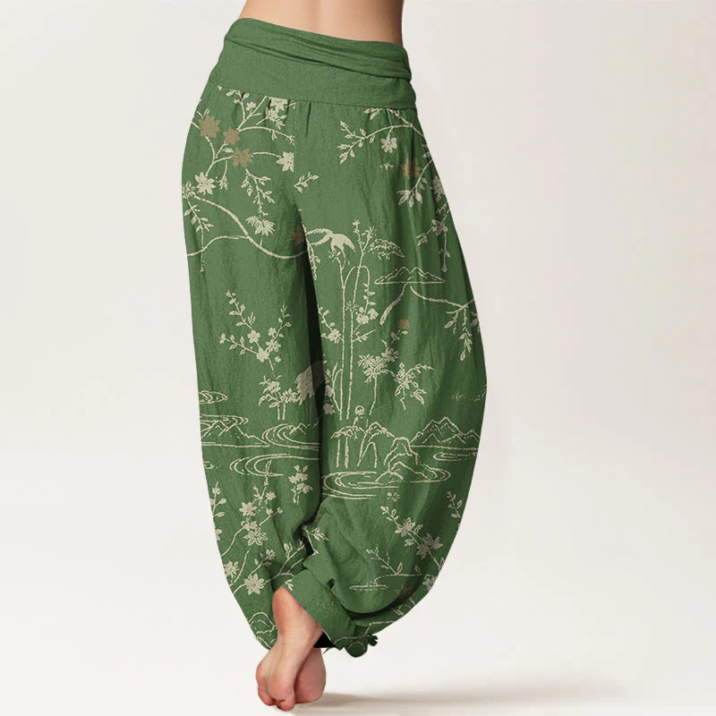 Pantaloni harem da donna in puro cotone con elastico in vita, motivo floreale, gru, Buddha Stones rami di albero - Image 7