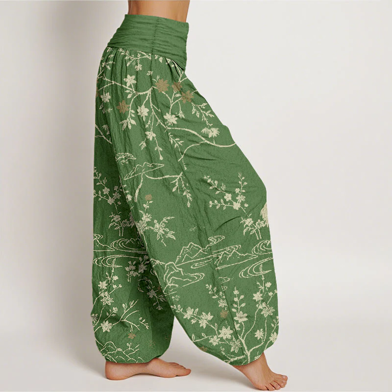 Pantaloni harem da donna in puro cotone con elastico in vita, motivo floreale, gru, Buddha Stones rami di albero - Image 8
