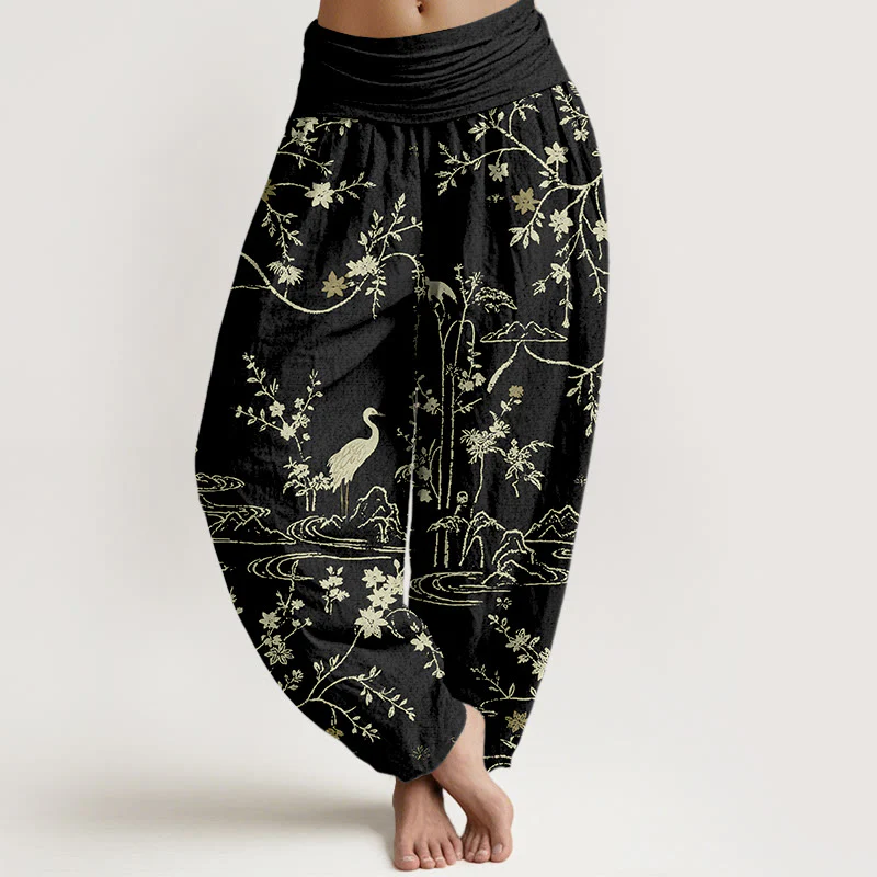 Pantaloni harem da donna in puro cotone con elastico in vita, motivo floreale, gru, Buddha Stones rami di albero - Image 9