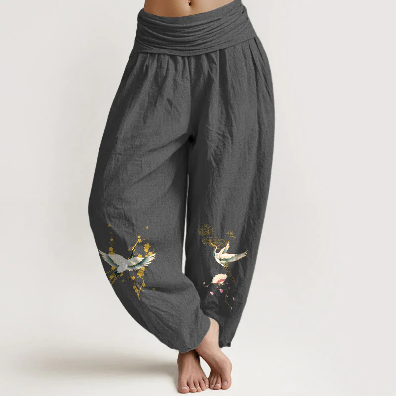 Pantaloni harem da donna in puro cotone con elastico in vita, motivo floreale, motivo con gru, nuvole di buon auspicio Buddha Stones