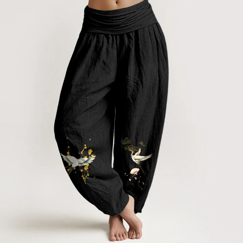 Pantaloni harem da donna in puro cotone con elastico in vita, motivo floreale, motivo con gru, nuvole di buon auspicio Buddha Stones - Image 12