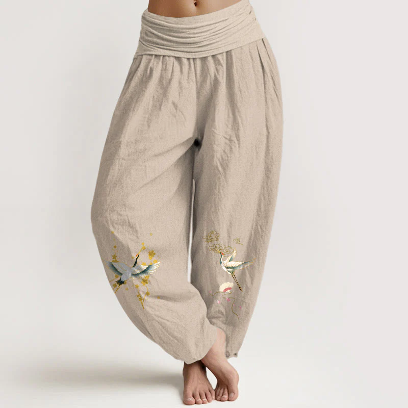Pantaloni harem da donna in puro cotone con elastico in vita, motivo floreale, motivo con gru, nuvole di buon auspicio Buddha Stones - Image 6