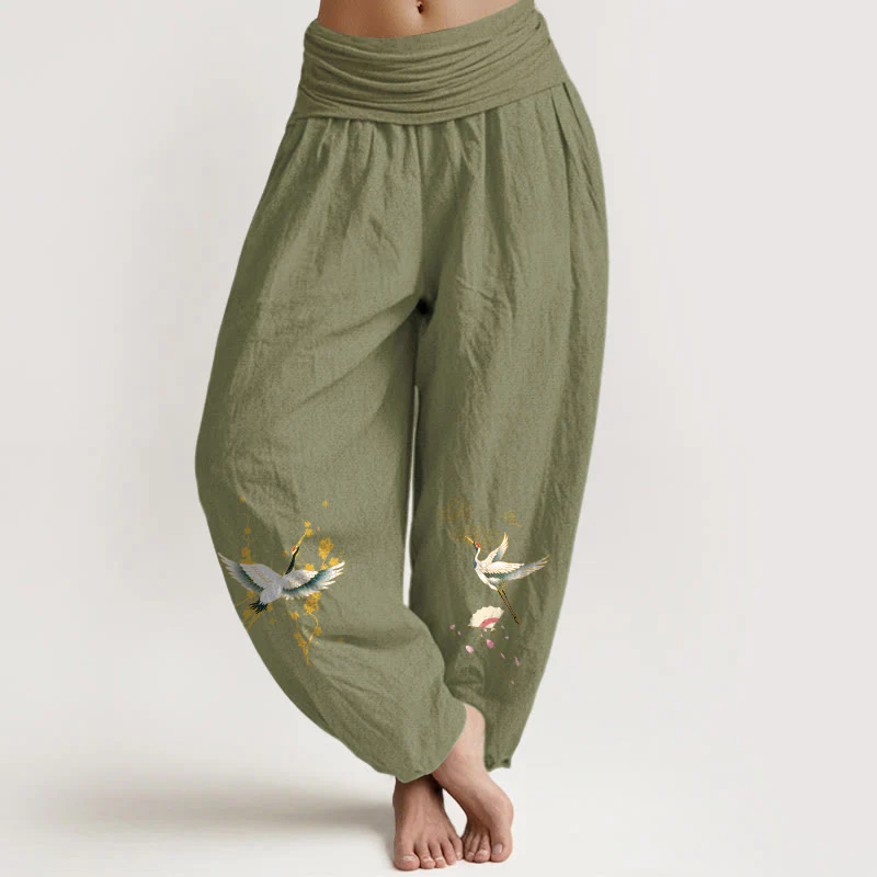 Pantaloni harem da donna in puro cotone con elastico in vita, motivo floreale, motivo con gru, nuvole di buon auspicio Buddha Stones - Image 9