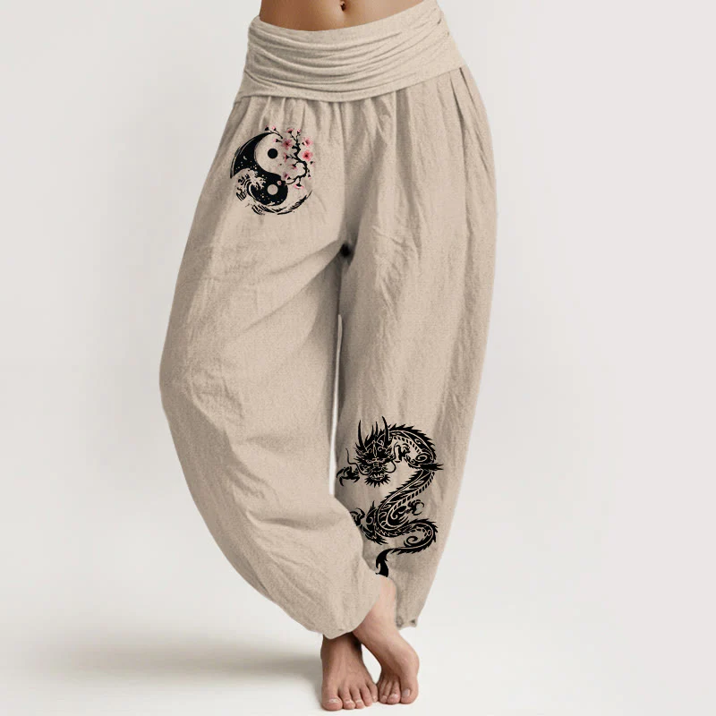 Pantaloni harem da donna in puro cotone con elastico in vita, motivo floreale, motivo con onde e drago Yin Yang Buddha Stones - Image 12