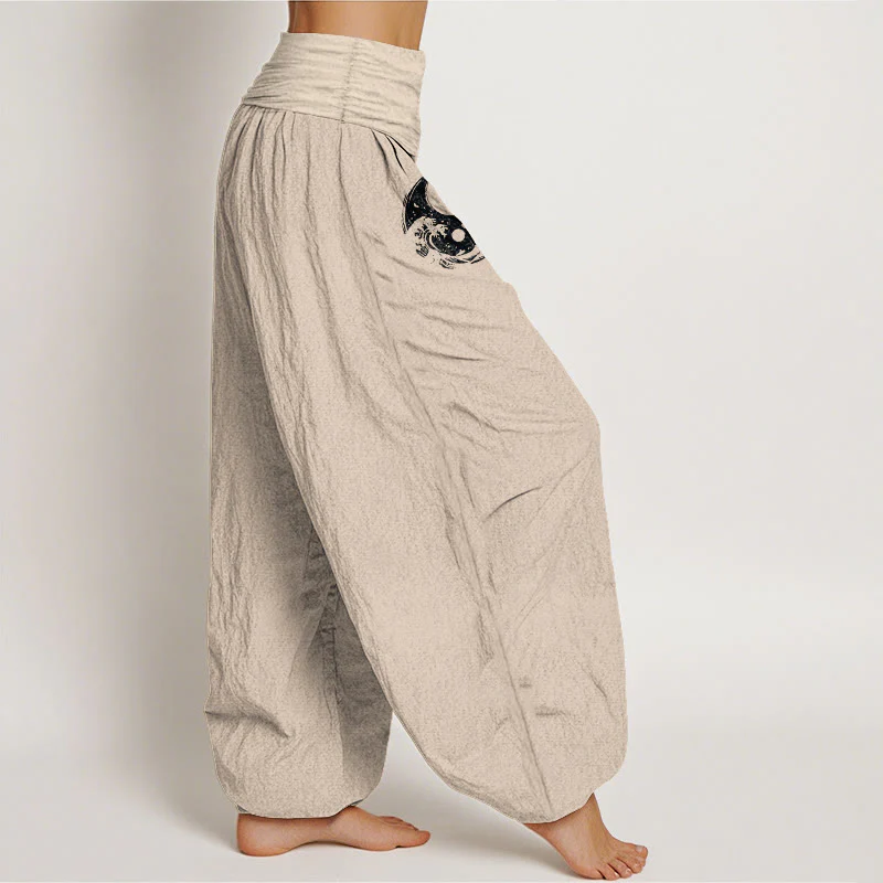 Pantaloni harem da donna in puro cotone con elastico in vita, motivo floreale, motivo con onde e drago Yin Yang Buddha Stones - Image 14