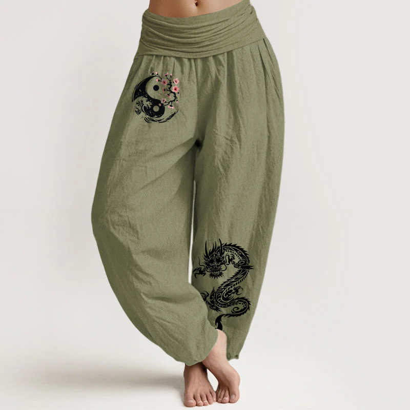 Pantaloni harem da donna in puro cotone con elastico in vita, motivo floreale, motivo con onde e drago Yin Yang Buddha Stones - Image 15