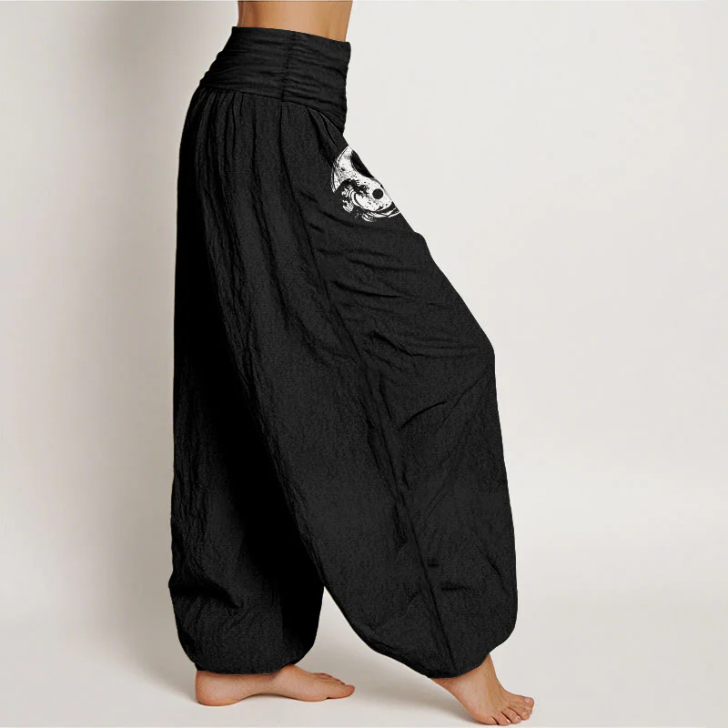 Pantaloni harem da donna in puro cotone con elastico in vita, motivo floreale, motivo con onde e drago Yin Yang Buddha Stones - Image 3