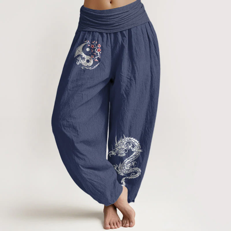 Pantaloni harem da donna in puro cotone con elastico in vita, motivo floreale, motivo con onde e drago Yin Yang Buddha Stones - Image 6