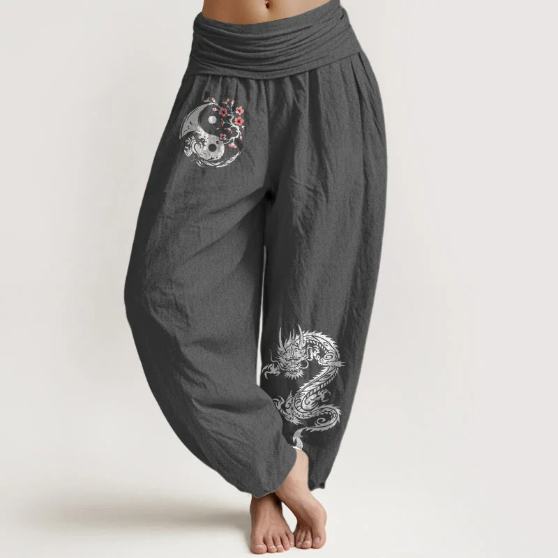 Pantaloni harem da donna in puro cotone con elastico in vita, motivo floreale, motivo con onde e drago Yin Yang Buddha Stones - Image 9