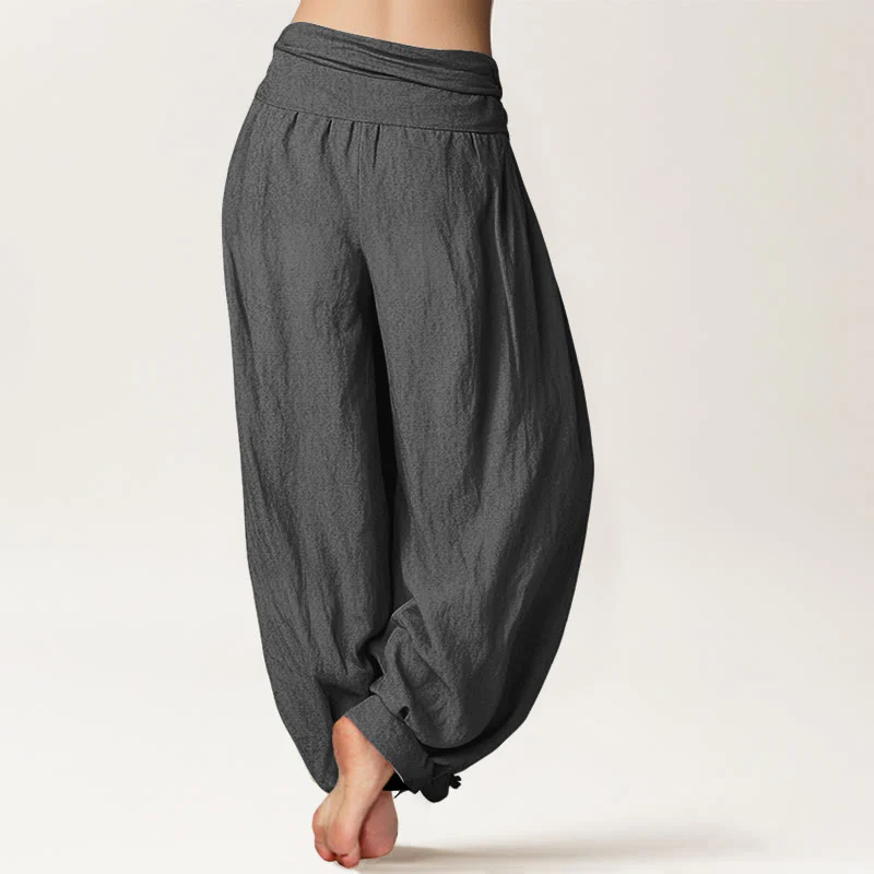 Pantaloni harem da donna in puro cotone con elastico in vita, tinta unita, grigio scuro, motivo Buddha Stones - Image 2