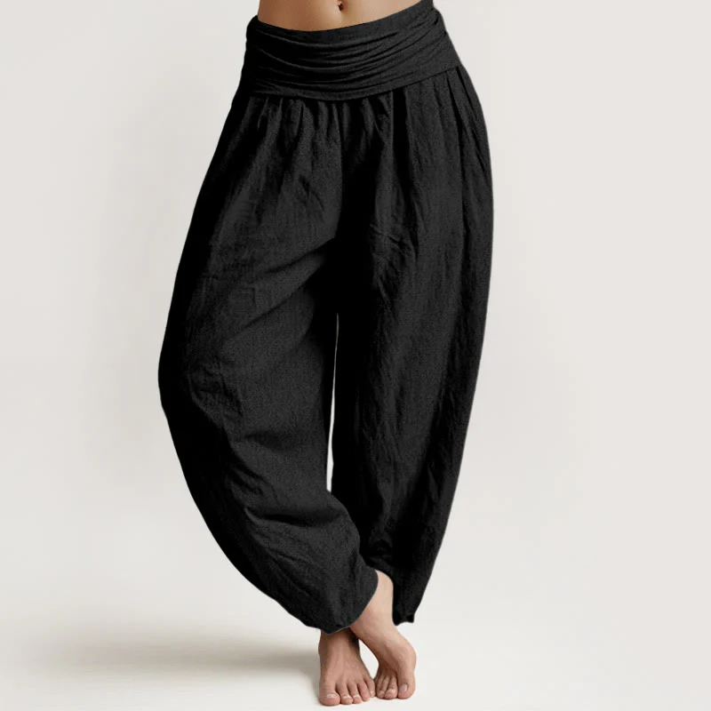 Pantaloni harem da donna in puro cotone nero con elastico in vita Buddha Stones