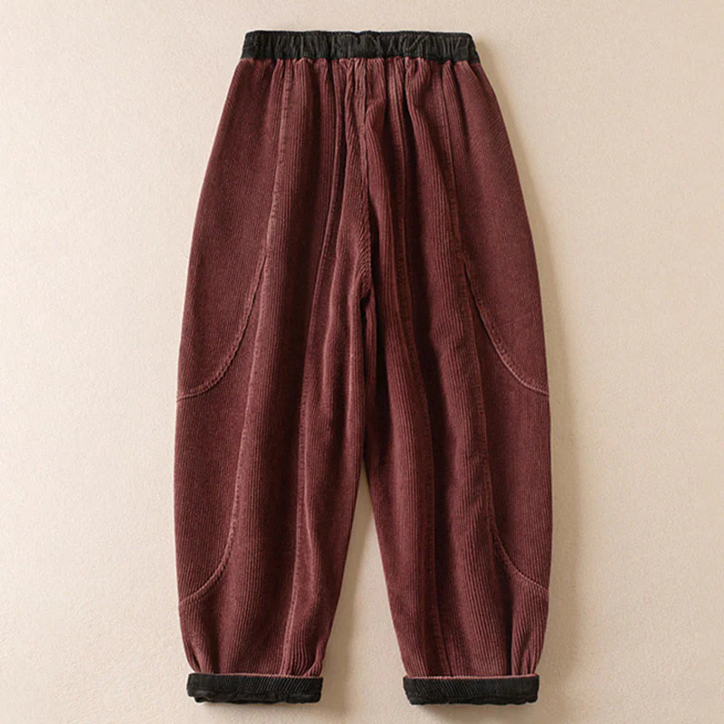 Pantaloni harem da donna in velluto a coste con contrasto di colore, foderati in pile termico e tasche, con Buddha Stones - Image 29