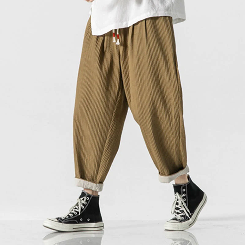 Pantaloni harem da uomo alla caviglia con coulisse e tasche, tinta unita , Buddha Stones Fall - Image 14