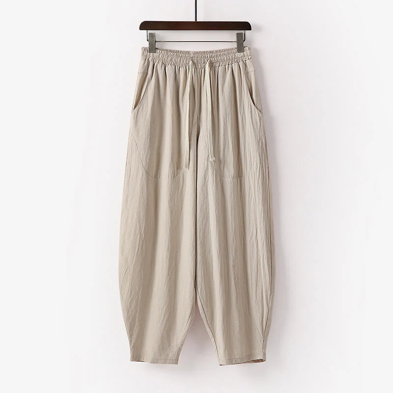Pantaloni harem da uomo alla caviglia con coulisse e tasche, tinta unita, Buddha Stones, primavera-autunno