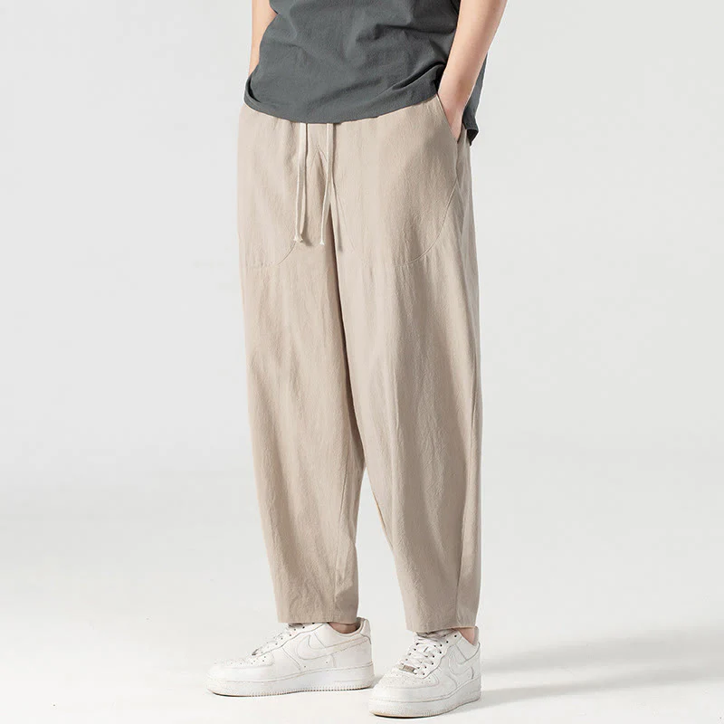Pantaloni harem da uomo alla caviglia con coulisse e tasche, tinta unita, Buddha Stones, primavera-autunno - Image 5