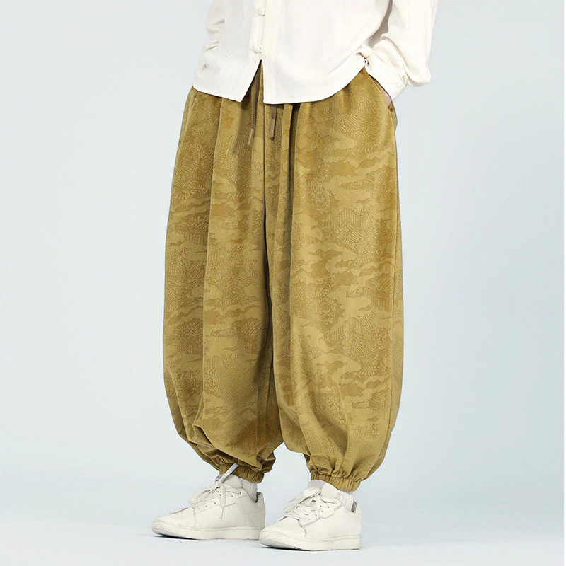 Pantaloni harem da uomo con coulisse e tasche, motivo jacquard tinta unita, motivo Buddha Stones Fall