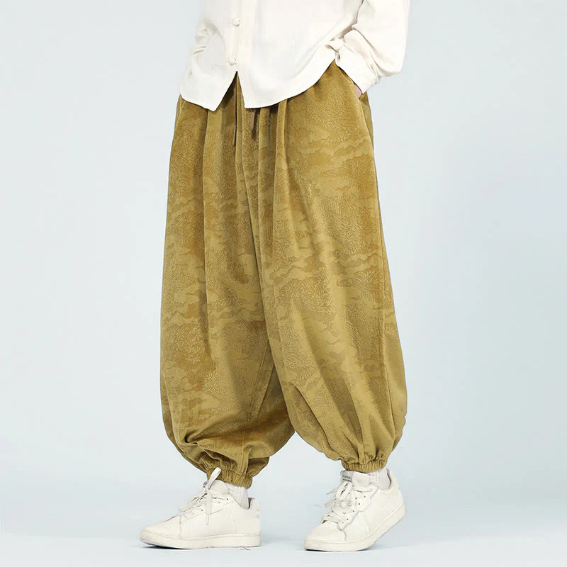 Pantaloni harem da uomo con coulisse e tasche, motivo jacquard tinta unita, motivo Buddha Stones Fall - Image 2