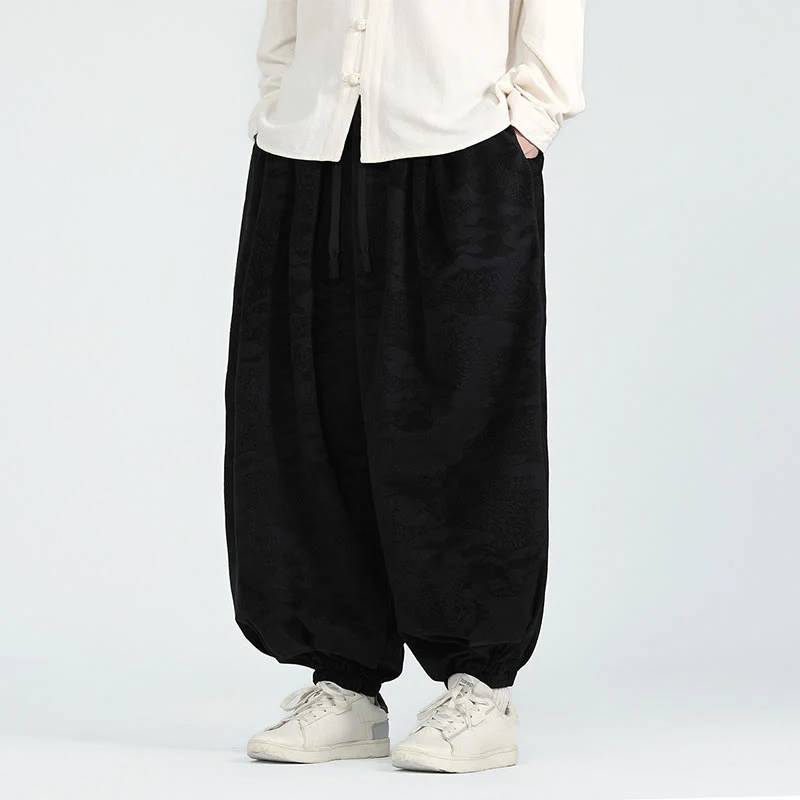 Pantaloni harem da uomo con coulisse e tasche, motivo jacquard tinta unita, motivo Buddha Stones Fall - Image 9
