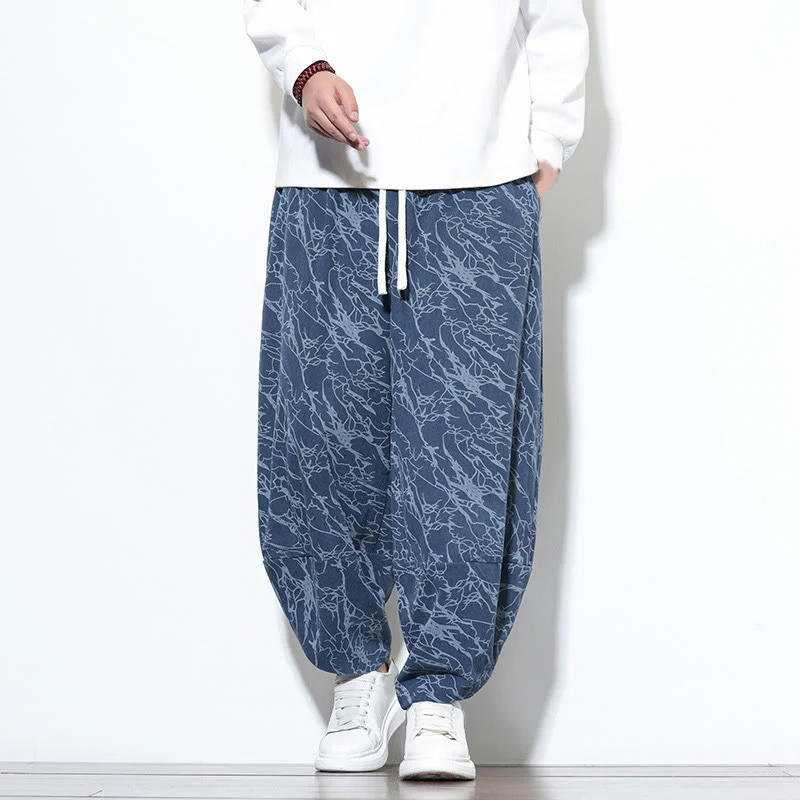 Pantaloni harem da uomo con tasche, lunghezza alla caviglia, in cotone con elastico in vita e stampa a righe testurizzate Buddha Stones