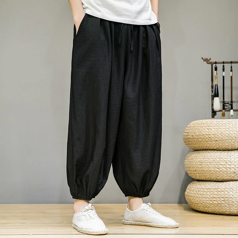 Pantaloni harem da uomo in cotone con coulisse, lunghezza caviglia , Buddha Stones Summer Plain, con tasche - Image 23