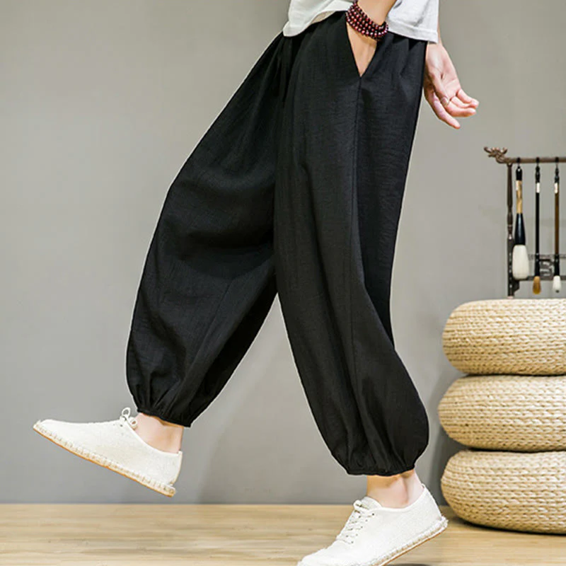 Pantaloni harem da uomo in cotone con coulisse, lunghezza caviglia , Buddha Stones Summer Plain, con tasche - Image 29