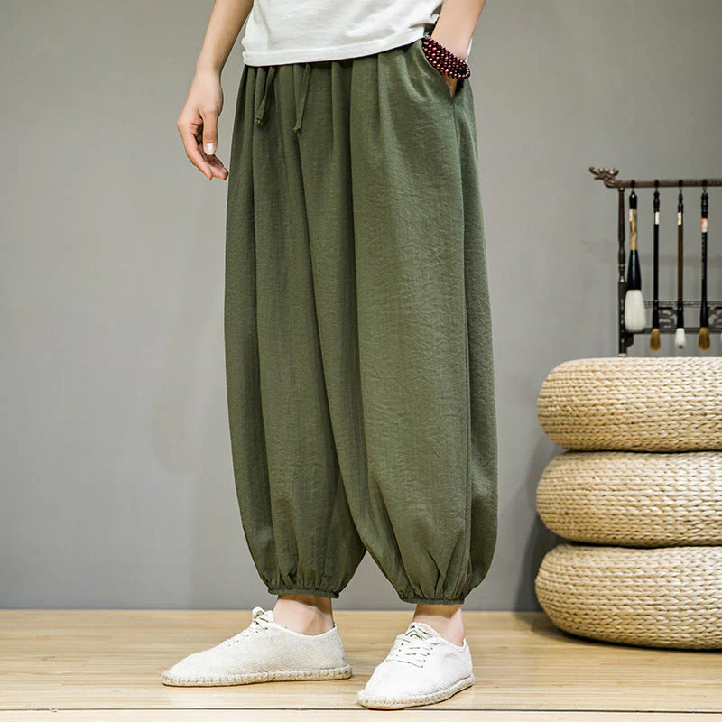 Pantaloni harem da uomo in cotone con coulisse, lunghezza caviglia , Buddha Stones Summer Plain, con tasche - Image 31