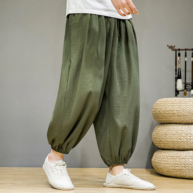 Pantaloni harem da uomo in cotone con coulisse, lunghezza caviglia , Buddha Stones Summer Plain, con tasche - Image 37