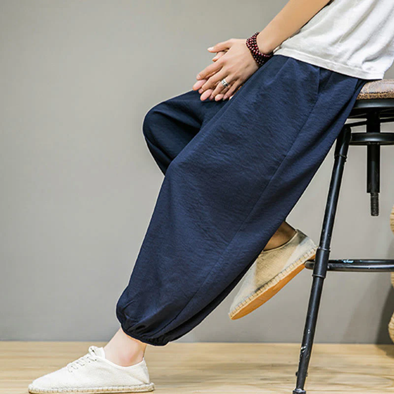 Pantaloni harem da uomo in cotone con coulisse, lunghezza caviglia , Buddha Stones Summer Plain, con tasche - Image 8