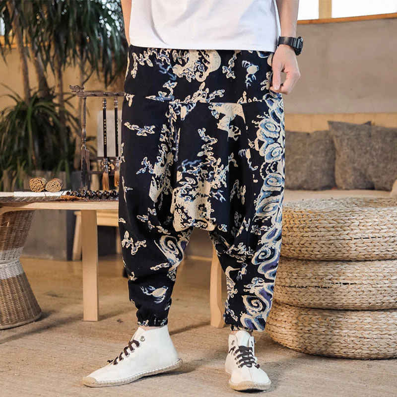 Pantaloni harem da uomo in cotone con motivo a drago cinese e tasche, modello Buddha Stones - Image 3