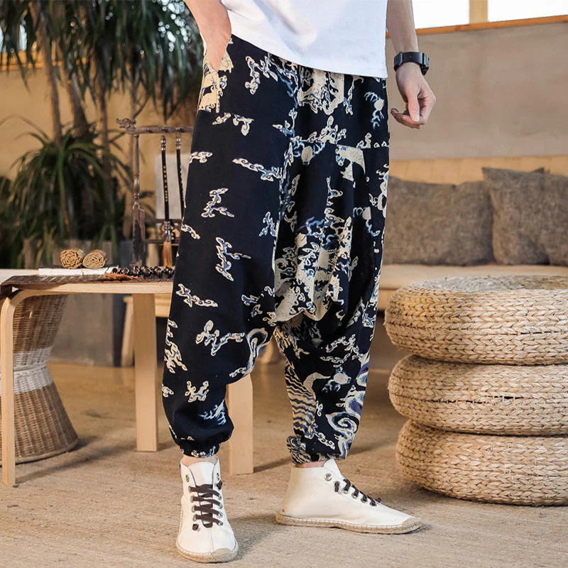 Pantaloni harem da uomo in cotone con motivo a drago cinese e tasche, modello Buddha Stones - Image 4