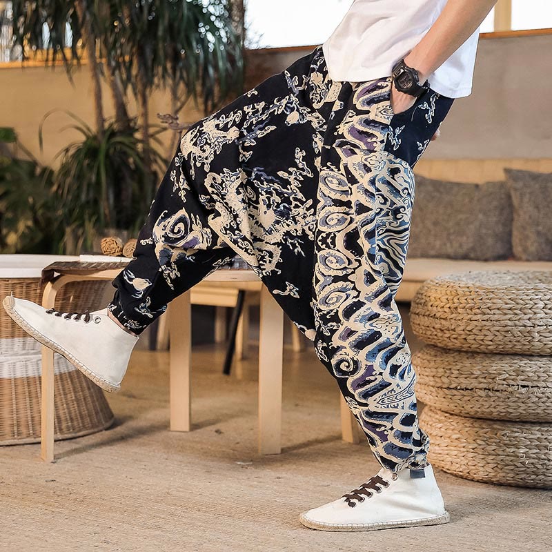 Pantaloni harem da uomo in cotone con motivo a drago cinese e tasche, modello Buddha Stones - Image 7