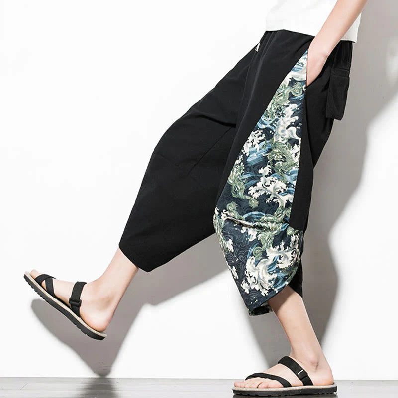 Pantaloni harem da uomo in cotone con stampa Buddha Stones Green Waves e tasche - Image 9