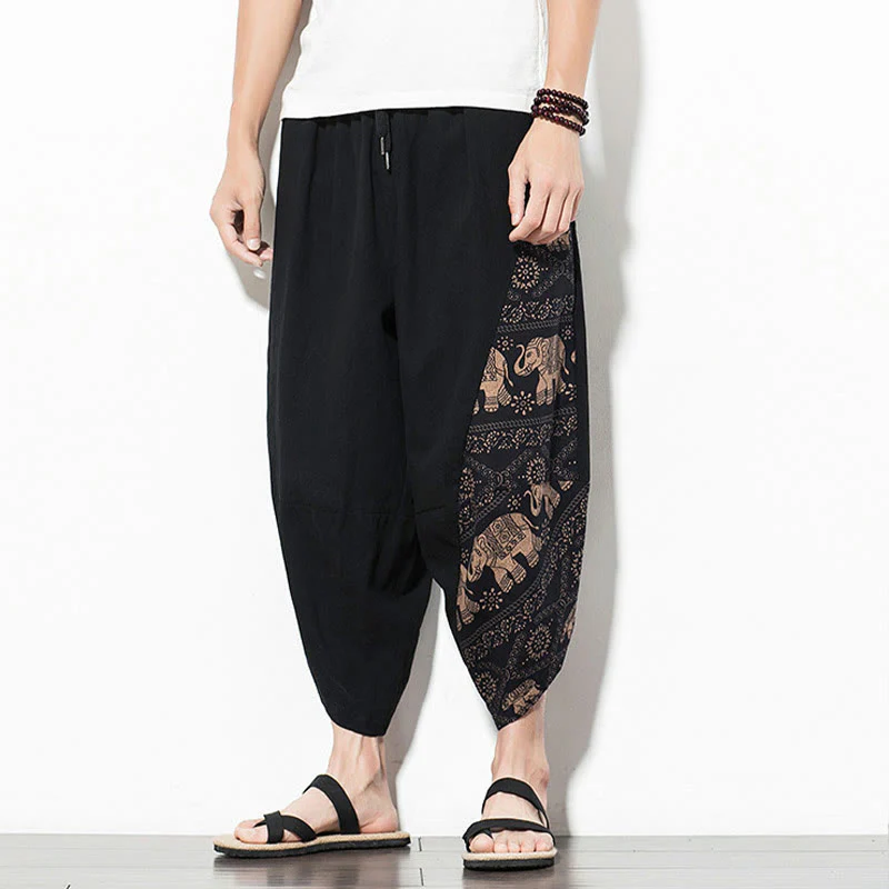 Pantaloni harem da uomo in cotone con stampa elefante marrone Buddha Stones con tasche - Image 4
