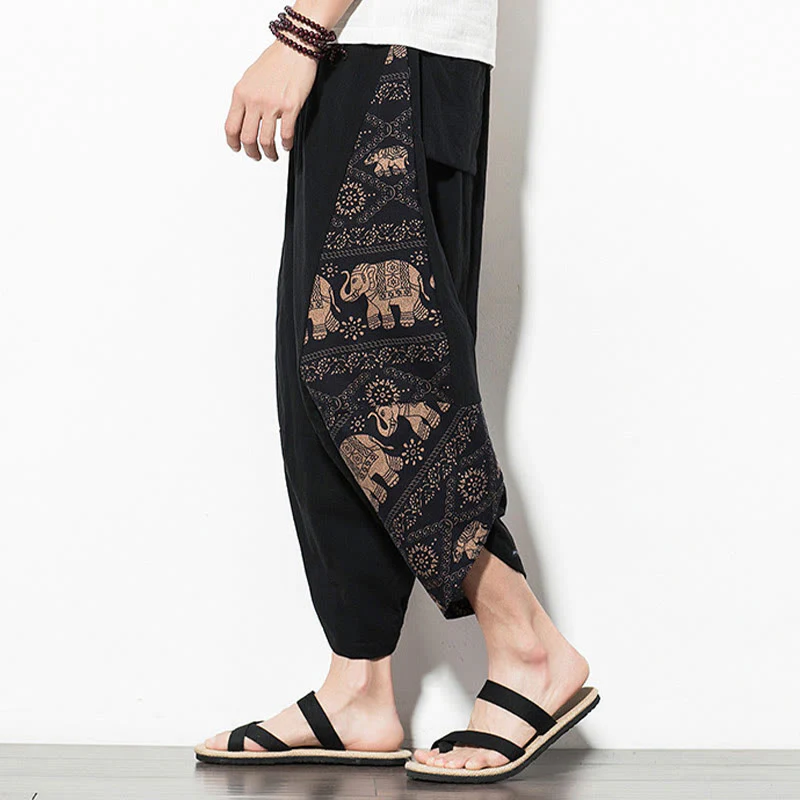 Pantaloni harem da uomo in cotone con stampa elefante marrone Buddha Stones con tasche - Image 5