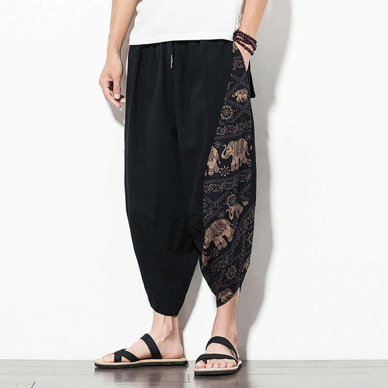 Pantaloni harem da uomo in cotone con stampa elefante marrone Buddha Stones con tasche - Image 7