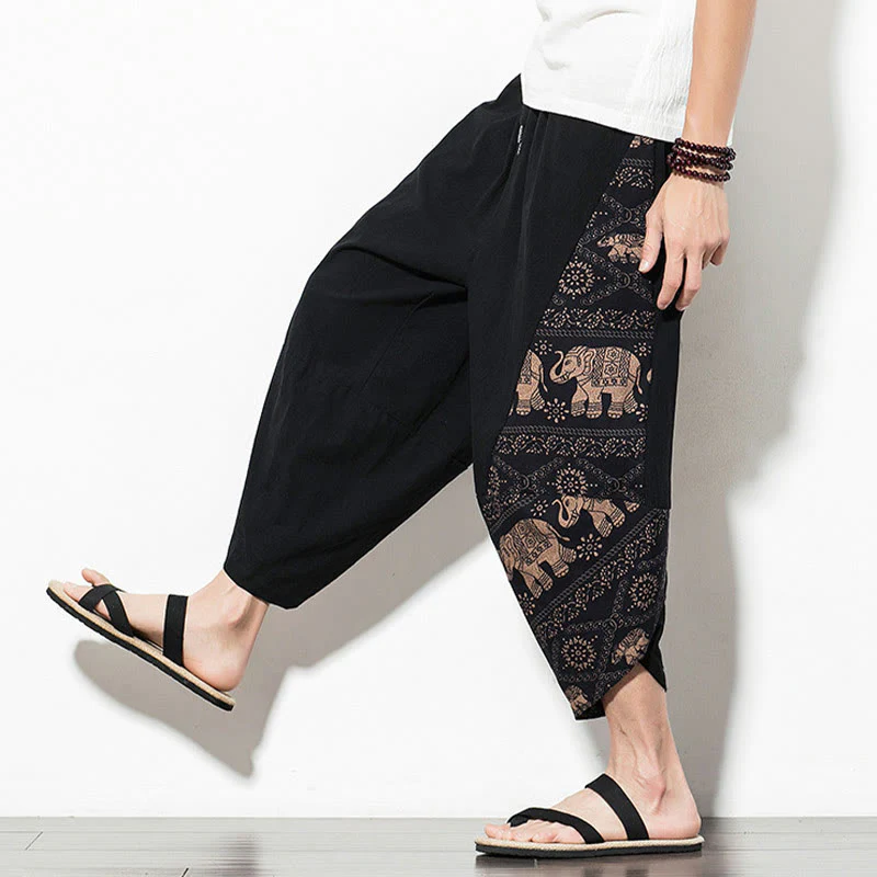 Pantaloni harem da uomo in cotone con stampa elefante marrone Buddha Stones con tasche - Image 8