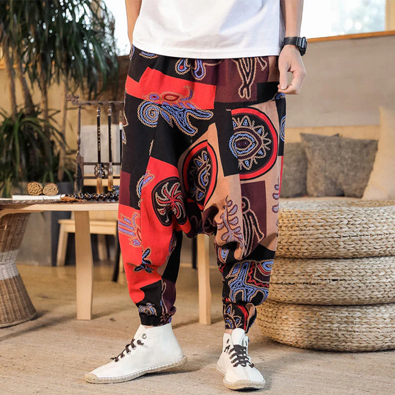 Pantaloni harem da uomo in cotone con stampa floreale a griglia con Buddha Stones e tasche - Image 2