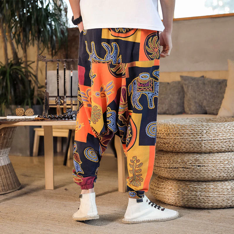 Pantaloni harem da uomo in cotone con stampa floreale a griglia con Buddha Stones e tasche - Image 20