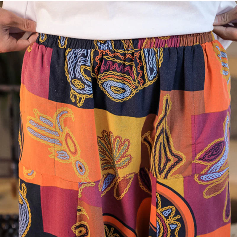 Pantaloni harem da uomo in cotone con stampa floreale a griglia con Buddha Stones e tasche - Image 21