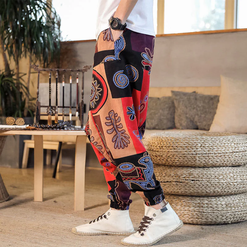 Pantaloni harem da uomo in cotone con stampa floreale a griglia con Buddha Stones e tasche - Image 3